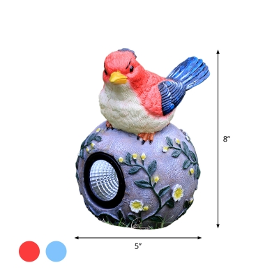 Bird Sitting on Ball Rock Solar Light Macaron Resin Red/Blue LED Ground Lamp for Patio
