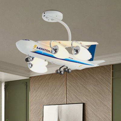 Blue Aircraft Shape Semi Flush Lamp Cartoon 4 Lights Metal Flush Ceiling Fixture with Bullet Opal Glass Shade