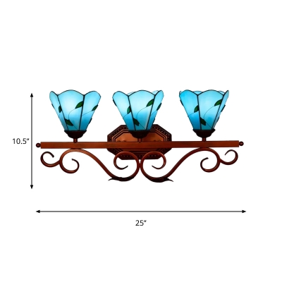 Blue Glass Floral Wall Mount Lighting Mediterranean 3-Light Red Brown Sconce Light with Swirl Arm