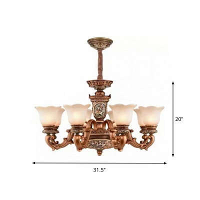 Brown 6/8 Bulbs Up Suspension Light Antiqued Frosted White Glass Floral Shade Hanging Chandelier