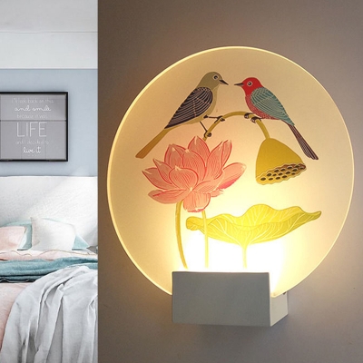 Chinese LED Mural Light White Birds and Lotus Painting Wall Mounted Lighting with Acrylic Shade