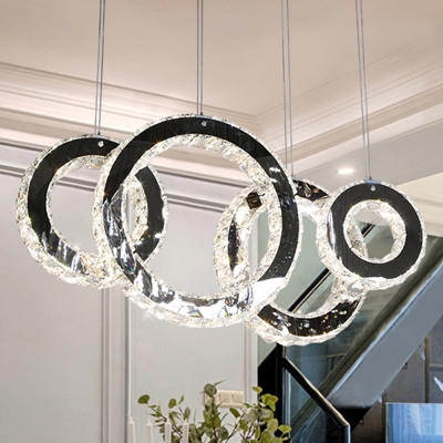 Clear Crystal Rings Multi Light Pendant Simple LED Stainless-Steel Ceiling Suspension Lamp