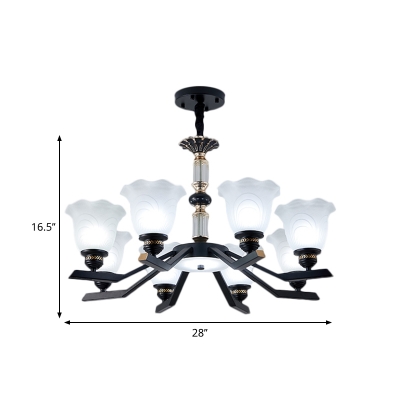Countryside Floral Shade Pendulum Lamp 3/6/8-Head White Glass Up Hanging Chandelier in Black