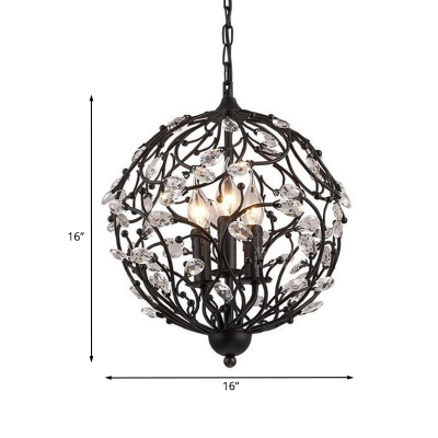 Faceted Crystal Black Hanging Chandelier Branch 3 Bulbs Traditional Ceiling Pendant Light with Global Design