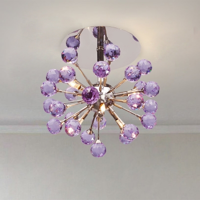 Faceted Crystal Orbs Purple Flushmount Sputnik 6 Bulbs Modernist Semi Flush Mount Ceiling Chandelier