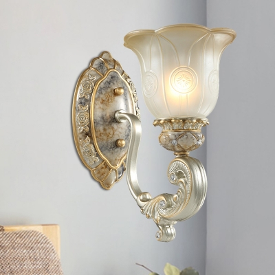 Gold 1/2-Head Wall Light Sconce Traditional Milky Glass Flower Shade Up Wall Lamp Fixture