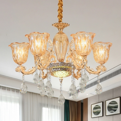 Gold Finish 6 Bulbs Pendant Chandelier Mid Century Clear Crystal Glass Flower Shade Suspension Light