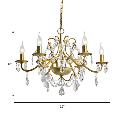Gold Finish Candle Chandelier Traditional Metallic 6 Lights Living Room Hanging Lamp with Crystal Drop