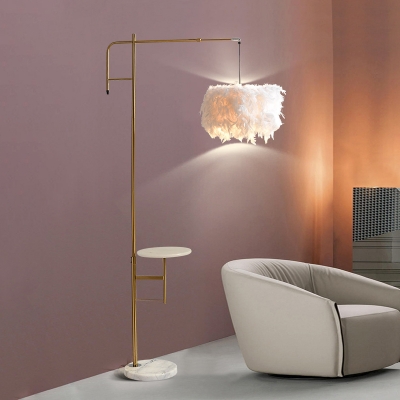 Gold Finish Right Angle Floor Desk Light Post Modern 1-Light Metal Stand Up Lamp with Feather Shade