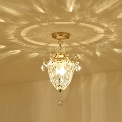 Inverted Bell Shaped Corridor Semi Flush Simple Clear Crystal Single Gold Finish Flush Ceiling Light