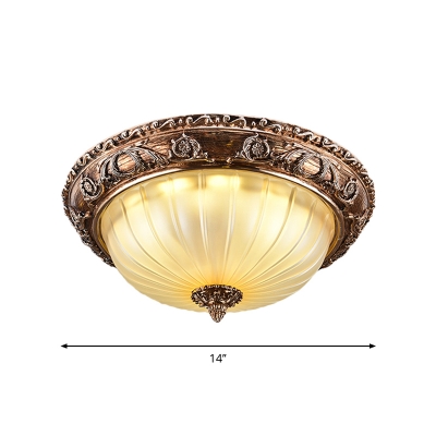LED Ceiling Mounted Light with Domed Shade Ribbed Glass Country Bedroom Flush Lamp Fixture in Brown, 14
