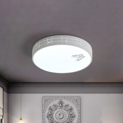 Minimalist Laser-Cut Round Flushmount Iron Bedroom LED Ceiling Mount Light with Butterfly Pattern in White