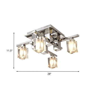 Modern 4-Bulb Semi Mount Lighting with Clear Crystal Glass Shade Chrome Finish Cuboid Flush Lamp