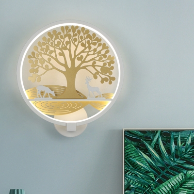 Modernist Tree Wall Sconce Light Metallic Bedside LED Wall Mural Lamp in White/Black with Hoop Design, White/Warm Light