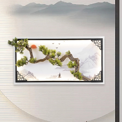 Oriental Pine Tree Iron Mural Sconce Lamp Chinese White and Green LED Wall Mount Lighting for Living Room