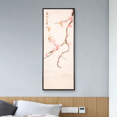 Peach Flower and Bird Mural Light Fixture Asian Iron Black 18