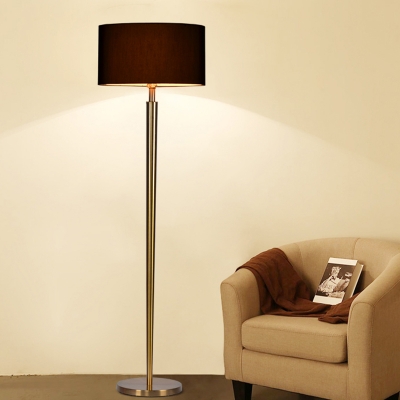 Post Modern Single Stand Up Light with Fabric Shade Black Finish Drum Floor Standing Lamp