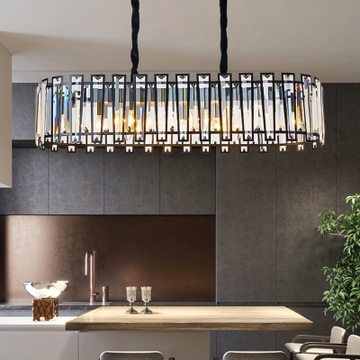 Rectangular Cut Crystal Black Island Lamp Oblong 6 Lights Postmodern Style Hanging Pendant