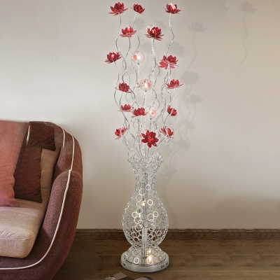 Red/Purple LED Floor Light Decorative Aluminum Wire Lotus and Vase Stand Up Lamp for Bedside