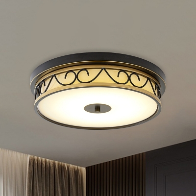 Round Ivory Glass Ceiling Lamp Countryside Bedroom LED Flush Mount Recessed Lighting with Scroll Cage in Black