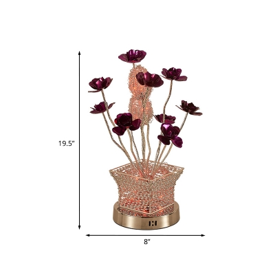 Silver LED Nightstand Light Art Deco Aluminum Wire Potted Plant Table Lamp with Purple Florets Detail