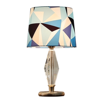 Single Bedside Night Table Light Modernism Blue Nightstand Lamp with Drum Patterned Fabric Shade