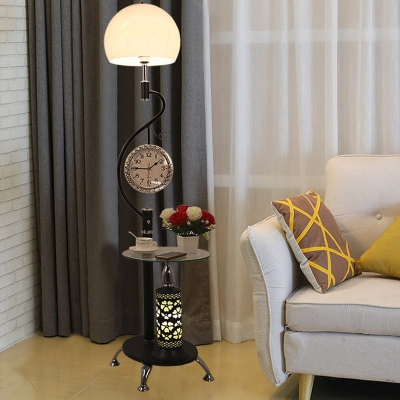 Single Floor Table Lamp with Dome Shade Opal Glass Vintage Parlour Clock Standing Floor Light in White/Black
