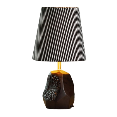 Single Head Night Table Light with Barrel Shade Stripe Fabric Traditional Bedroom Ceramics Desk Lamp in Black