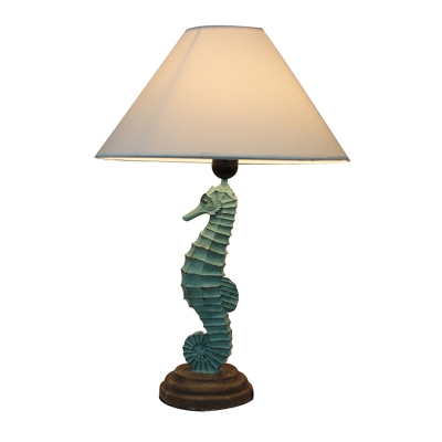 Single Hippocampus Night Table Light Traditional Green Resin Nightstand Lamp with Tapered White Fabric Shade
