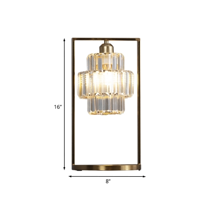 Tiered Round Bedside Night Light Postmodern Crystal Single Brass Table Lighting with Rectangle Arm