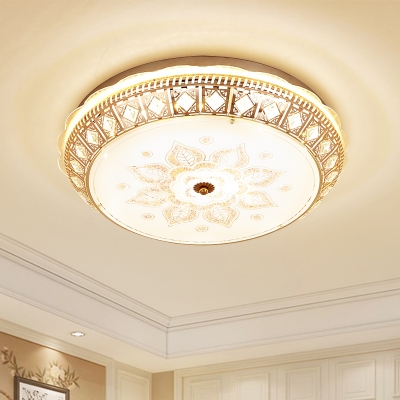 White Glass Bowl Ceiling Flush Mount Antiqued Bedroom LED Flush Mount Light Fixture in Gold