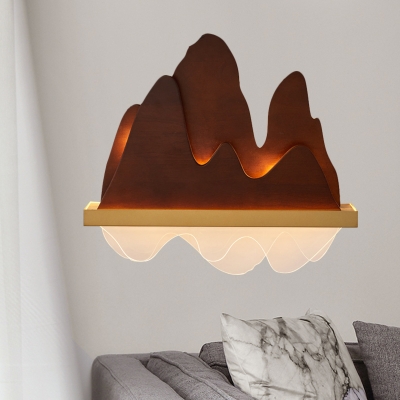 Wood Mountain Flush Wall Sconce Asia 6-Light Brown Wall Mount Mural Light for Bedside