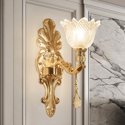 1/2-Head Sconce Light Fixture Traditional Flower Carved Glass Wall Mounted Lamp with Gold Curved Arm