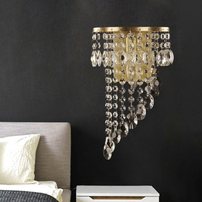 1 Bulb Crystal Strand Wall Light Post-Modern Brass Spiral Lobby Flush Mount Wall Sconce