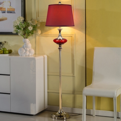 1 Light Barrel Floor Lighting Countryside White/Red Finish Fabric Standing Floor Lamp for Parlour