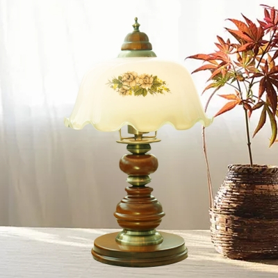 1-Light Table Lamp Vintage Living Room Nightstand Lamp with Ruffle-Trimmed White Glass Shade in Brown