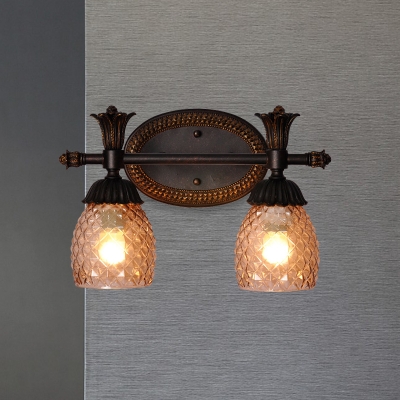 2 Bulbs Bell Vanity Wall Light Rural Rust Amber Lattice Glass Sconce Light Fixture