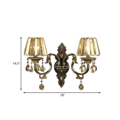 2-Head Tapered Shade Wall Light Kit Traditional Amber Prismatic Crystal Wall Mounted Lighting Fixture