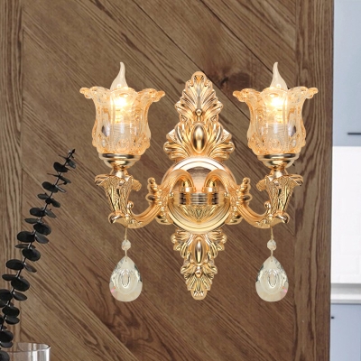 2 Light Wall Mount Lighting Mid Century Flower Amber Crystal Glass Wall Lamp in Gold