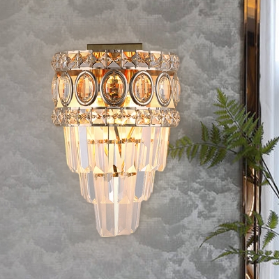 2 Lights Tapered Wall Light Sconce Traditional Gold Finish Crystal Block Wall Lamp