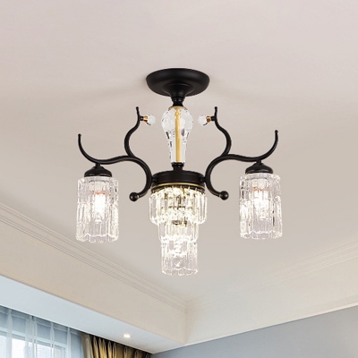 3/6 Heads Bedroom Semi Mount Lighting Modernist Black Close to Ceiling Lamp with Cylinder Clear Crystal Shade