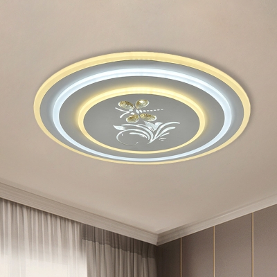 3-Layer Round/Square LED Flushmount Contemporary White Acrylic Ceiling Lamp with Crystal Flower Decor