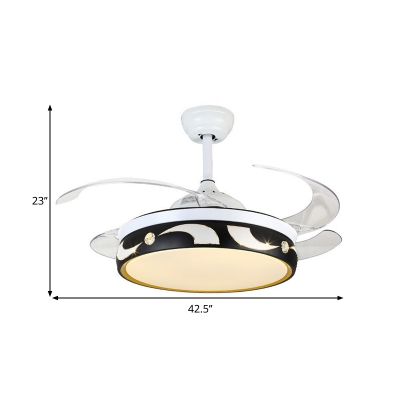 4-Blade Drum Shape Hanging Fan Lamp Contemporary Metal LED Parlour Semi Flush Light in Black and White, 42.5