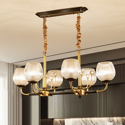 6 Heads Dining Room Island Pendant Light Postmodern Black and Gold Hanging Lamp with Cup-Shape Latticed Glass Shade
