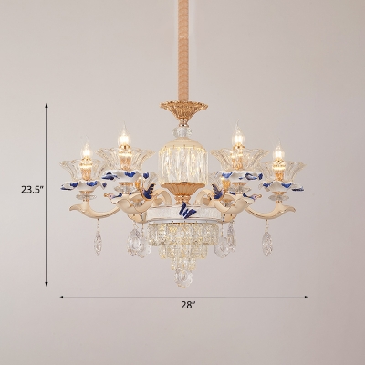 6 Heads Hanging Chandelier with Flower Shade Clear Crystal Glass Modernist Dining Room Pendant Light
