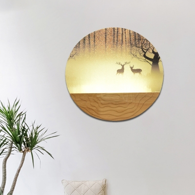 Art Decor LED Sconce Lighting Wood Winter Pine Tree/Elk Painting Round Wall Mural Light with Acrylic Shade