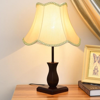 Beige/Burgundy Single Night Stand Light Retro Fabric Scalloped-Trim Flared Table Lamp for Living Room