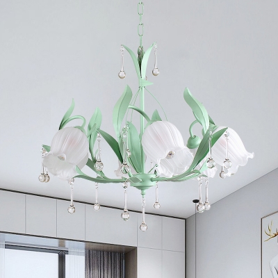 Bell Flower Milk Glass Chandelier Rural 6-Head Living Room Pendant Lamp in Pink/Blue/Green with Crystal Drip
