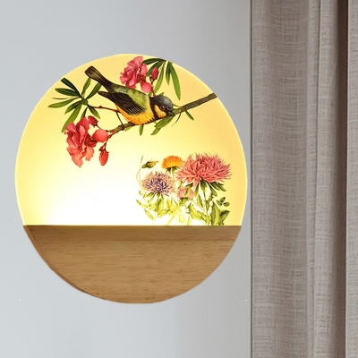 Bird and Blossom/Lovebird Mural Lamp Chinese Style Acrylic Bedside LED Round Wall Lighting in Wood