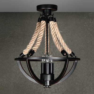 Black Bowl Frame Semi Flush Industrial Metal 3 Lights Living Room Close to Ceiling Lighting with Rope Rod